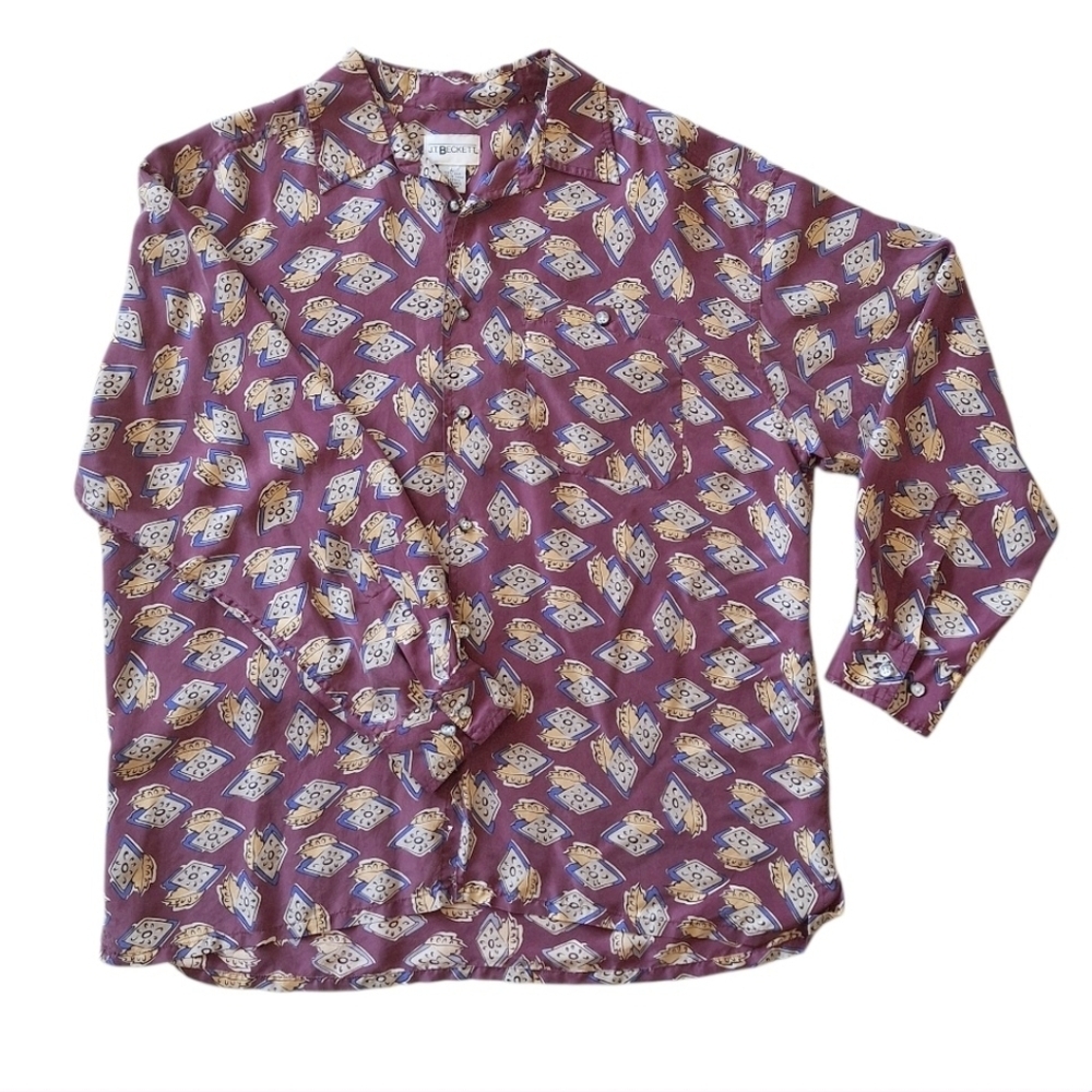 Vintage J.T. Beckett Mens Silk Purple Casual Button Up Going Out Party Disco  L